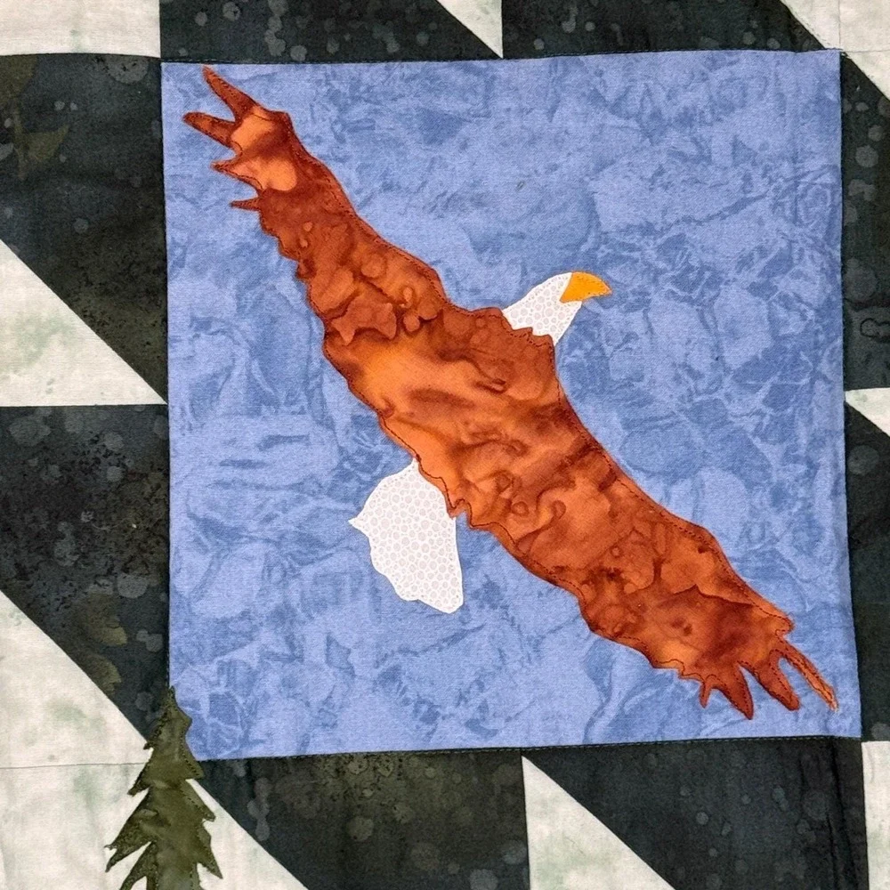 Handmade Wall Quilt Fiber Art, Eagles, Pine Forest Cabincore Lodge, Nature Lover